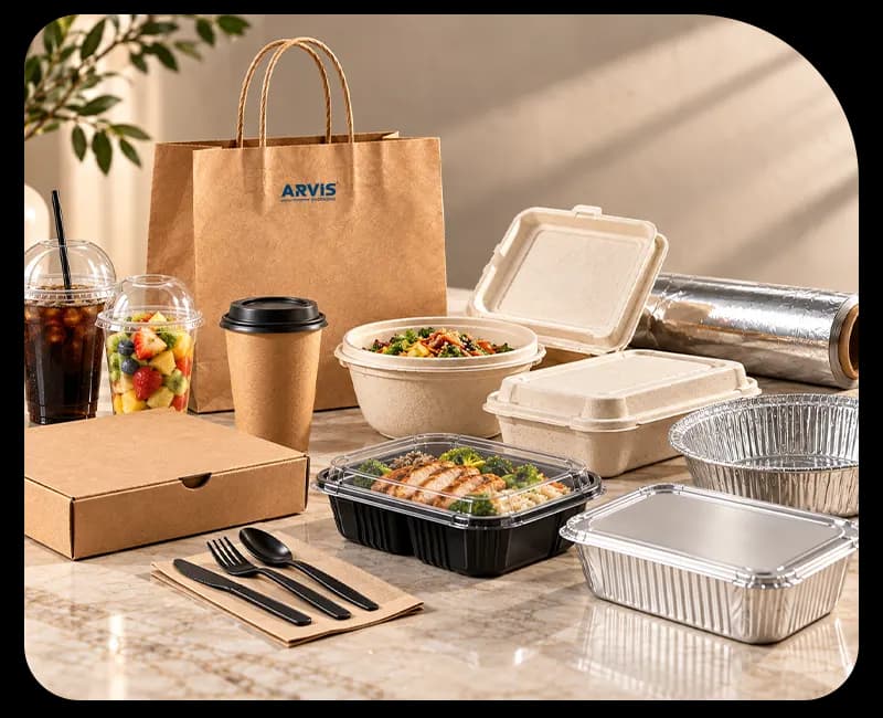Arvis packaging range including paper bags, tableware and food packaging