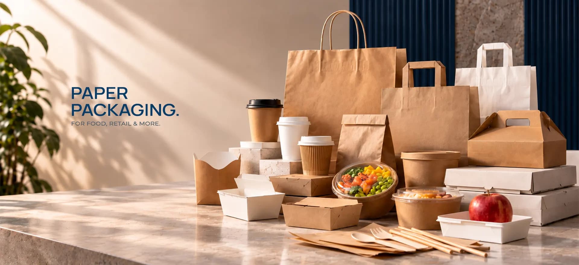 Paper packaging products including bags and food service items